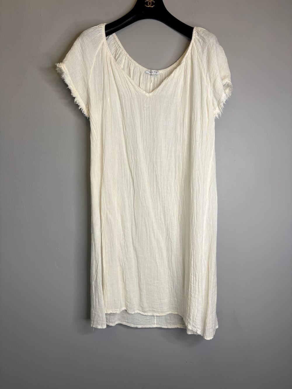 Tempo Paris White Raw Edge Linen V Neck Dress Pocket Asymmetrical Hem Size S M